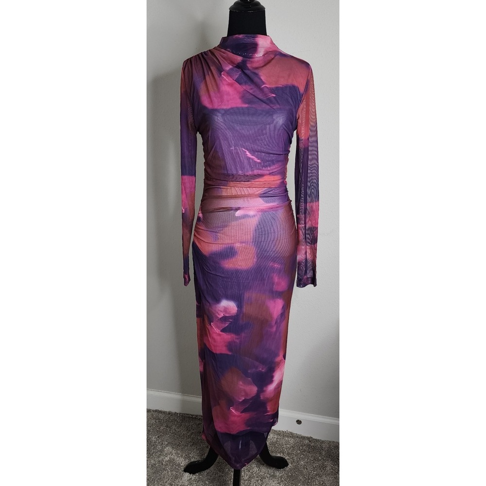 Womens Pink & Purple Mesh Maxi Dress - Long Sleeve Ruched Bodycon - Size S
